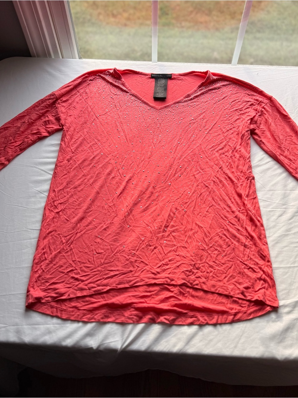 Design History Coral Rhinestone V Neck Long Sleeve Top Small Y2K Glam